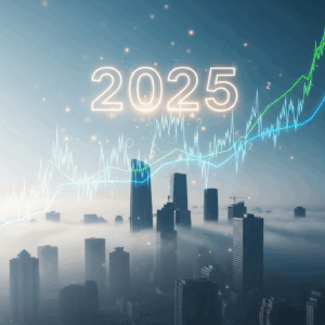 2025년 투자 시장 전망을 나타내는 금융 그래프와 미래 지향적인 도시의 모습